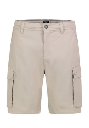 Beige men's cargo shorts with button closure, belt loops, and two flap pockets on the sides.