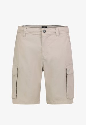 Beige men's cargo shorts with button closure, belt loops, and two flap pockets on the sides.