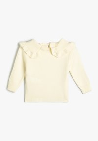 Cremfarbener Strickpullover mit langen Ärmeln, einem Rüschkragen und einer Knopfverschluss hinten. Weicher Stoff, schlichtes Design.