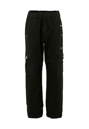 Zwarte cargobroek van katoen, met twee zijzakken met klepsluitingen, elastische manchetten en een taille met trekkoord.