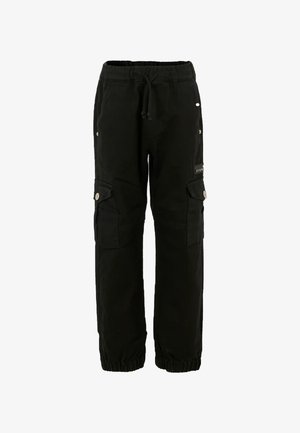 Sorte cargo bukser lavet af bomuldsstof, med to sidelommer med klaplukninger, elastiske manchetter og en snor i taljen.