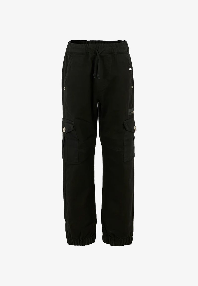 Sorte cargo bukser lavet af bomuldsstof, med to sidelommer med klaplukninger, elastiske manchetter og en snor i taljen.