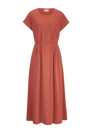 Midikleid in Rostfarbe mit kurzen Ärmeln, rundem Ausschnitt, tailliertem Schnitt und leicht ausgestelltem Rock.