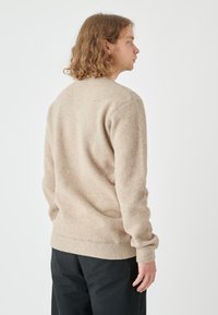 Beige wool-blend sweater with long sleeves, crew neck, and a soft, textured finish. Features ribbed cuffs and hem, worn with black pants.