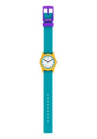 Bunter Zeitmesser mit einem leuchtend gelben Gehäuse, weißem Ziffernblatt und schwarzen Stundenmarkierungen, an einem türkisfarbenen Silikonarmband mit einer lila Schließe.