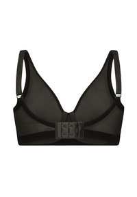 Schwarzer BH mit einem Mesh-Design, weichem Material, verstellbaren Trägern und einem Haken- und Ösenverschluss. Verfügt über eine nahtlose Schale und ein strukturiertes Band.