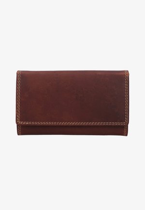 Brown leather wallet with a smooth texture, rectangular shape, and contrasting tan stitching along the edges. No visible hardware or embellishments.