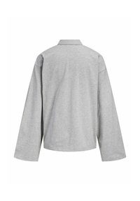 Grå langermet skjorte laget av mykt stoff, med klassisk krage, løs passform og ingen synlige grafikker eller utsmykninger.