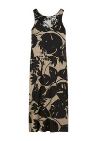Maxi dress a fiori neri con sfondo beige, caratterizzato da un design senza maniche e un collo rotondo, realizzato in un tessuto morbido.