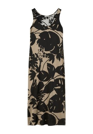 Schwarz-blumiges Maxikleid mit beigem Hintergrund, mit ärmellosem Design und rundem Ausschnitt, aus einem weichen Stoff gefertigt.
