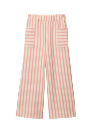 Pantalon à jambes larges avec rayures verticales roses et blanches, taille élastique et deux poches plaquées à l'avant avec des rayures horizontales.