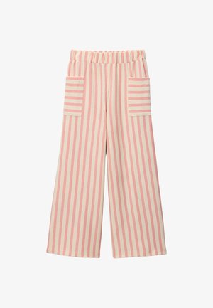 Pantalon à jambes larges avec rayures verticales roses et blanches, taille élastique et deux poches plaquées à l'avant avec des rayures horizontales.