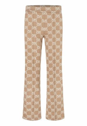Beige knit pants with white all-over logo pattern and slight flare at the bottom.