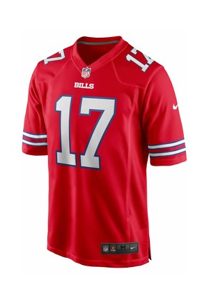 Czerwona koszulka futbolowa Buffalo Bills z numerem 17 w białym kolorze, logo NFL na kołnierzu oraz niebiesko-białe paski na krótkich rękawach.