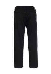 Sorte denim jeans med lige ben-design, to baglommer og en glat overflade. Har en talje med et lædermærke.