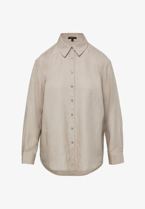 Beżowa koszula zapinana na guziki, wykonana z lekkiego materiału. Posiada klasyczny kołnierzyk, długie rękawy oraz prosty krój z zaokrąglonym dołem.