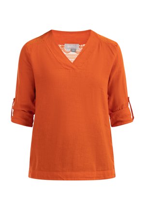 Orange Bluse aus leichtem Stoff. Mit einem V-Ausschnitt, Dreiviertelärmeln mit Roll-Up-Detail und dezenten Spitzenakzenten an den Schultern.