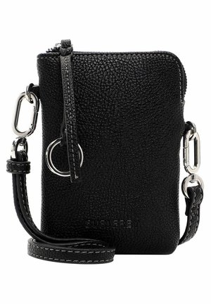 Petit sac bandoulière en cuir noir texturé avec fermeture éclair, clips métalliques argentés, détail porte-clés et bandoulière réglable.