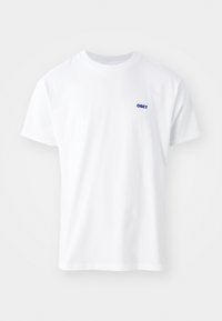 White cotton t-shirt featuring a crew neck and short sleeves. Displays a small blue "OBEY" logo on the left chest area. Smooth texture.