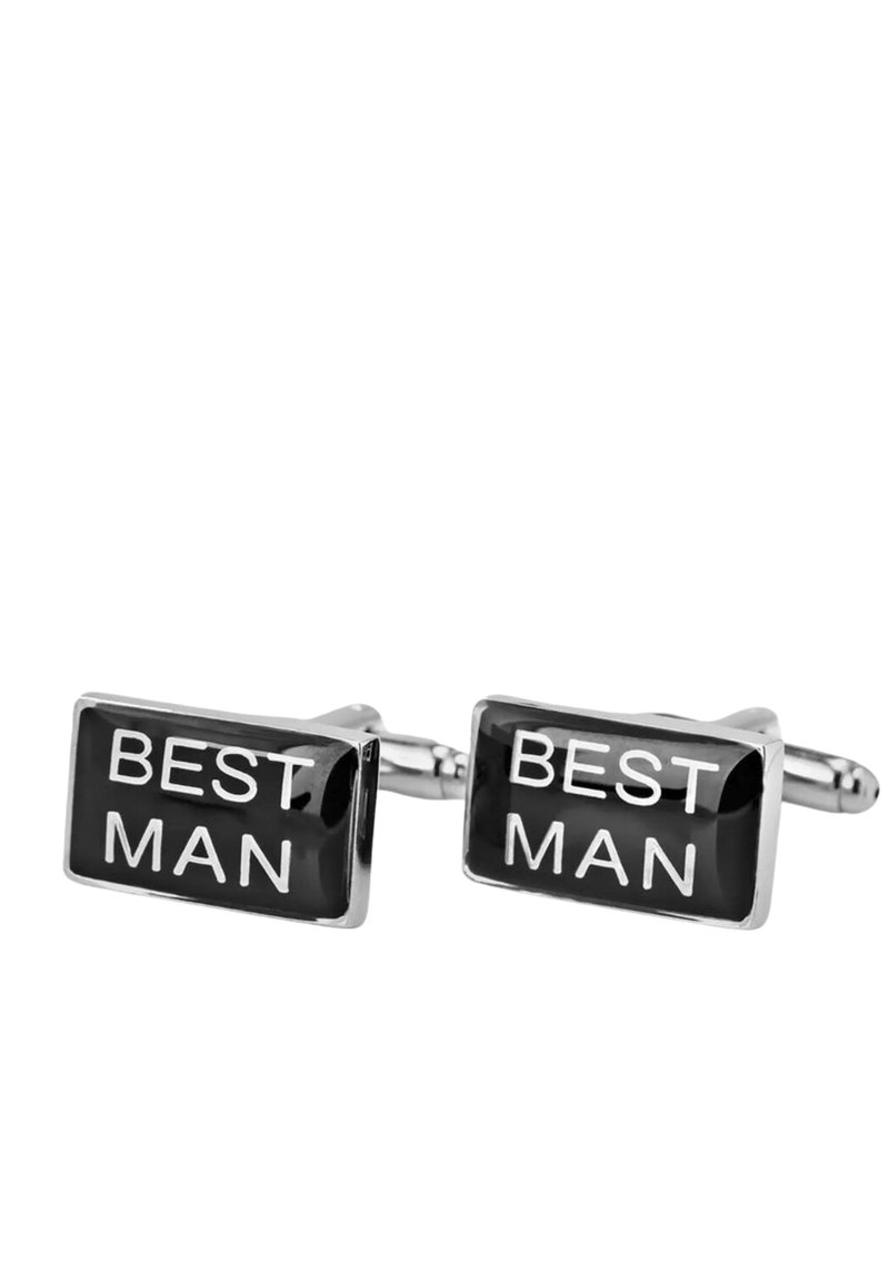 Svarta rektangulära manschettknappar med texten "BEST MAN" graverad i vitt. Silverfärgade metallaccenter med en polerad yta.