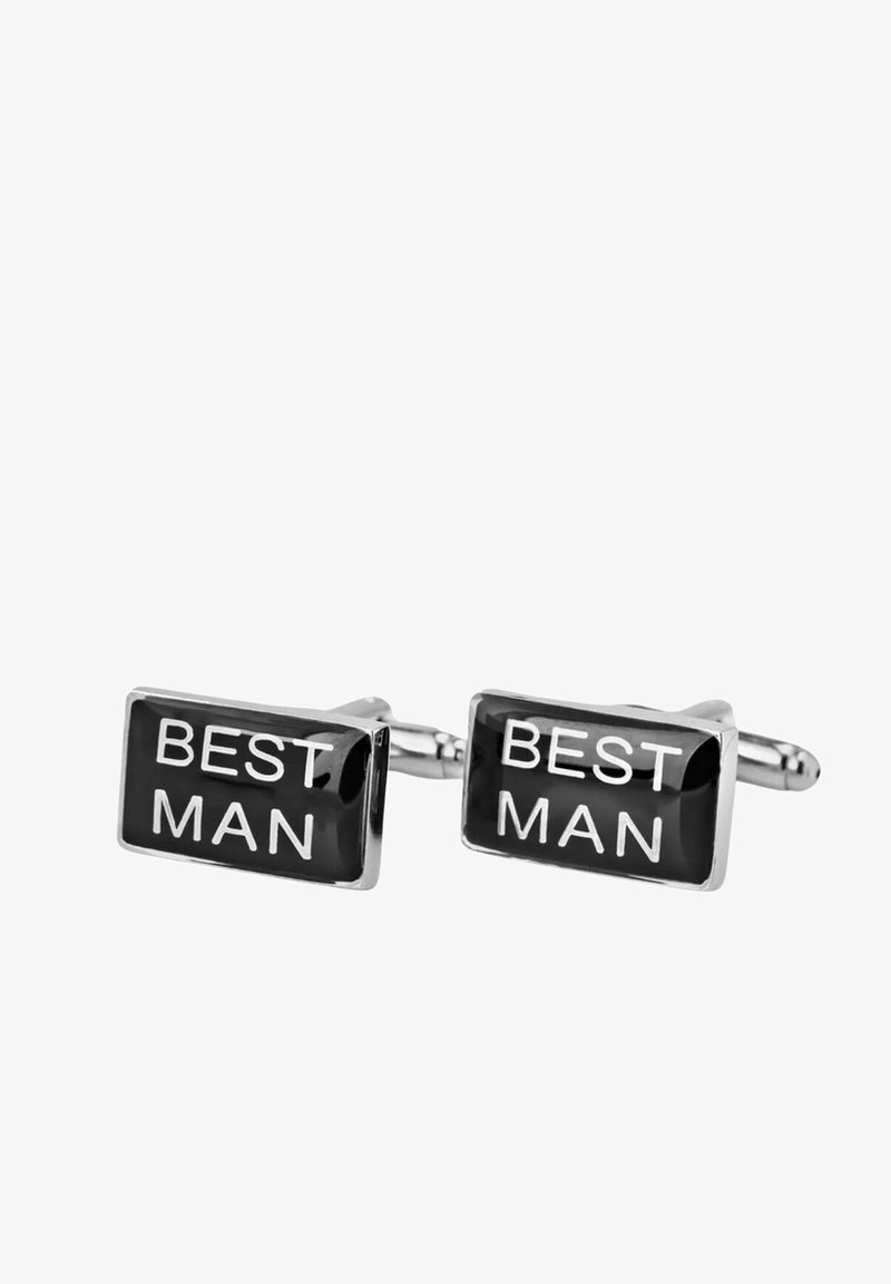 Svarta rektangulära manschettknappar med texten "BEST MAN" graverad i vitt. Silverfärgade metallaccenter med en polerad yta.
