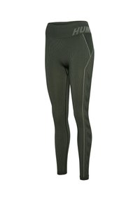 Gröna ribbade leggings med hög midja, med en kontrasterande logotyp och chevronmönster längs sidan. Tillverkade av elastiskt material.