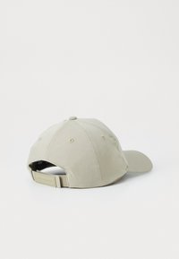 Beige cap with a curved brim, adjustable strap at the back, and textured fabric. Features ventilation holes and a central button on top.