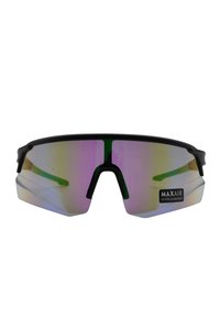 Occhiali da sole con montatura nera, lenti specchiate che mostrano sfumature verdi e viola, design avvolgente e etichetta di protezione UV400.