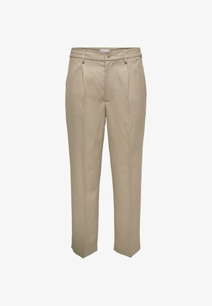 Beige skræddersyede bukser med lige ben, der har forskelligt foran, knaplukning og sidelommer. Glat stoftype.