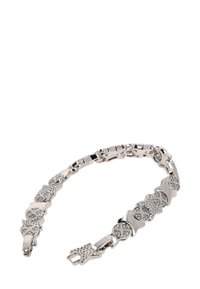 Hõbe tooni metallist käevõru, millel on omavahel seotud ovaalsed ja ristkülikukujulised lingid, millel on sisse pandud kristallid, et lisada sära ja tekstuuri.