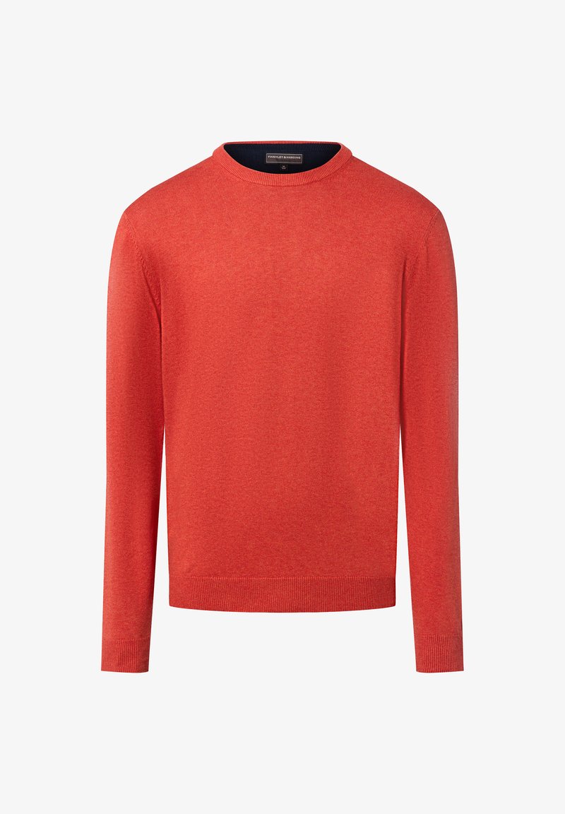 Rode ronde hals trui gemaakt van zacht breimateriaal. Lange mouwen met geribbelde boorden en onderkant. Geen patronen of versieringen. Simpel, modern ontwerp.