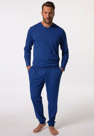 Blue long-sleeve top with v-neck and pocket, paired with matching blue elasticated pants. Soft fabric, relaxed fit, no patterns or accents.