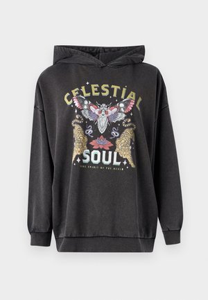 Ciemnoszara bluza z kapturem z kolorową grafiką przedstawiającą motyla, dwa tygrysy i kwiatowe akcenty. Żebrowane mankiety i dolna część.