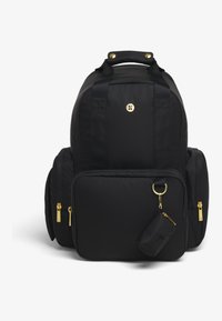 Juoda nardymo kuprinė iš nailono su auksinėmis detalėmis, turinti didelį pagrindinį skyrių, priekinę kišenę ir nuimamą nedidelę maišelį.