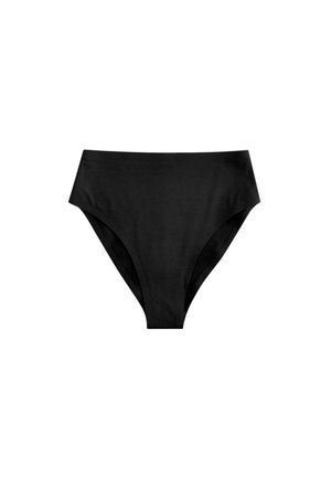 Braguitas de bikini negras de talle alto con un diseño sencillo y sin patrones ni ornamentos visibles.