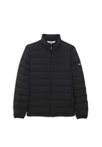 Veste matelassée noire avec fermeture éclair intégrale à l’avant, col montant et logo sur l’étiquette du col et sur la manche gauche.