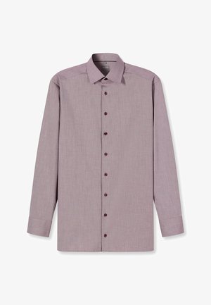 Langärmliges Hemd in gedämpftem Mauve mit strukturierter Oberfläche, ausgestattet mit einem klassischen Kragen und burgunderroten Knöpfen entlang der Vorderseite.