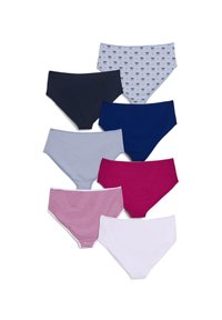 Set of eight women's underwear in various colors: navy, light blue, dark blue, gray, pink, white, and striped. Includes printed patterns.