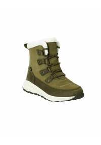 Botte imperméable vert olive avec un col en fausse fourrure, fermeture à lacets et semelle en caoutchouc. Présente des détails de couture et des œillets en métal.