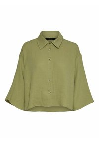 Olive green short-sleeve shirt made of textured fabric, featuring a collar, front button closure, and a loose, cropped fit.