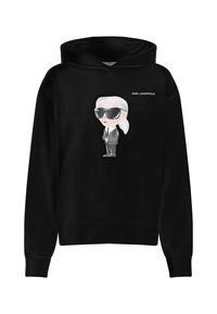 Hoodie noir avec un graphique de dessin animé d'une silhouette avec des cheveux blancs et des lunettes de soleil ; texte du logo "KARL LAGERFELD" sur la poitrine.
