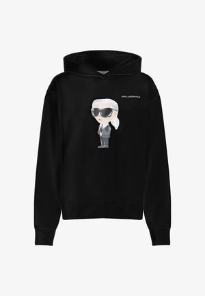 Felpa nera con cappuccio caratterizzata da una grafica in stile cartone animato di una figura con capelli bianchi e occhiali da sole; testo del logo "KARL LAGERFELD" sul petto.
