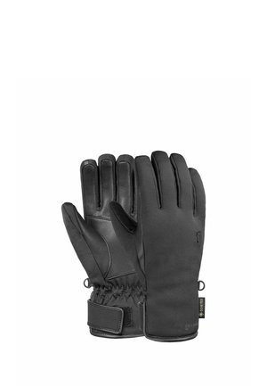 Paar schwarze wetterfeste Handschuhe mit verstellbaren Handgelenksriemen und verstärkten Handflächen, für den Außeneinsatz bei kaltem Wetter konzipiert.