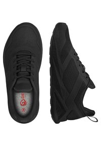 Schwarze Sportschuhe mit einem strukturierten Mesh-Obermaterial, einer stabilen Gummisohle und verstärkten Akzenten. Schnürdesign mit einem Zugband an der Ferse.