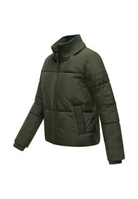 Olive green padded jacket with high ribbed collar, front zipper, ribbed cuffs, side pockets, and a patch on the left sleeve.