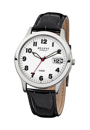 Montre analogique avec cadran blanc, chiffres noirs, bracelet en cuir noir, boîtier argenté, aiguille des secondes rouge, et guichet de date affichant le 12.