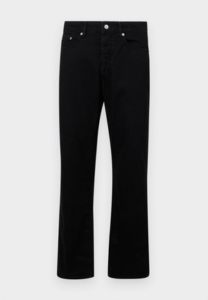 Zwarte denim broek met een recht model, voorzien van vijf zakken, een knoopsluiting en zilverkleurige accenten. Gladde textuur.