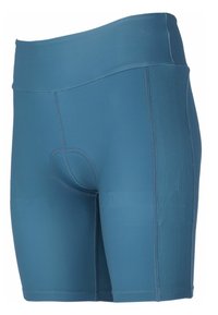 Blauwe stretchshorts met een gladde textuur, brede tailleband en ribbeldetails aan de zijkant. Beschikt over een ronde opening aan de voorkant.