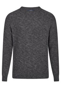 Grå stickad tröja med rund halsringning, texturerat mönster och långa ärmar. Har ribbade mudd och nederkant med en avslappnad passform.