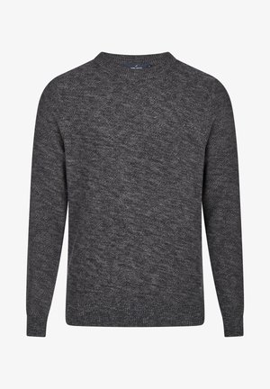 Grauer Strickpullover mit Rundhalsausschnitt, strukturiertem Muster und langen Ärmeln. Mit gerippten Bündchen und Saum sowie lässiger Passform.